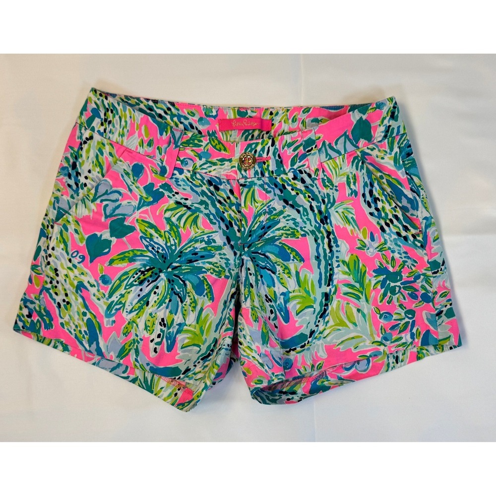 Lilly Pulitzer Callahan Shorts Size 00 Pink Blue Tropical Palm Floral Print EUC